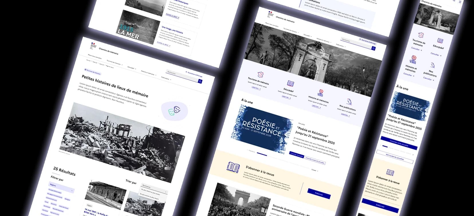 Maquettes des nouvelles pages du site Chemins de mémoire : article, accueil et version mobile